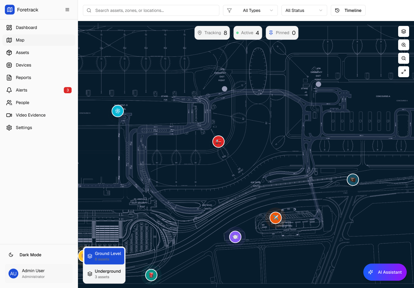 Foetrack asset tracking interface displaying an aerial floor plan with multiple colored location markers indicating active and pinned assets across different zones.